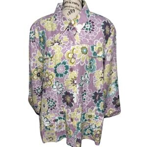Alfred Dunner Woman 22W Linen Blend Floral Batik Button Front Flap Pocket Jacket